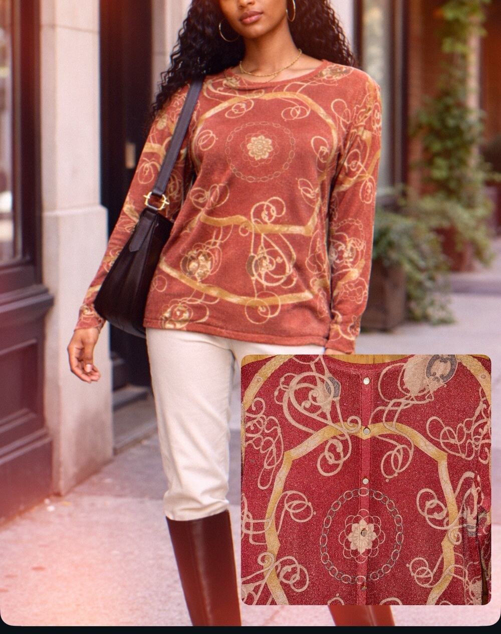 J. McLaughlin Crew Metallic Equestrian Print Pullover Sweater Button Down Back L